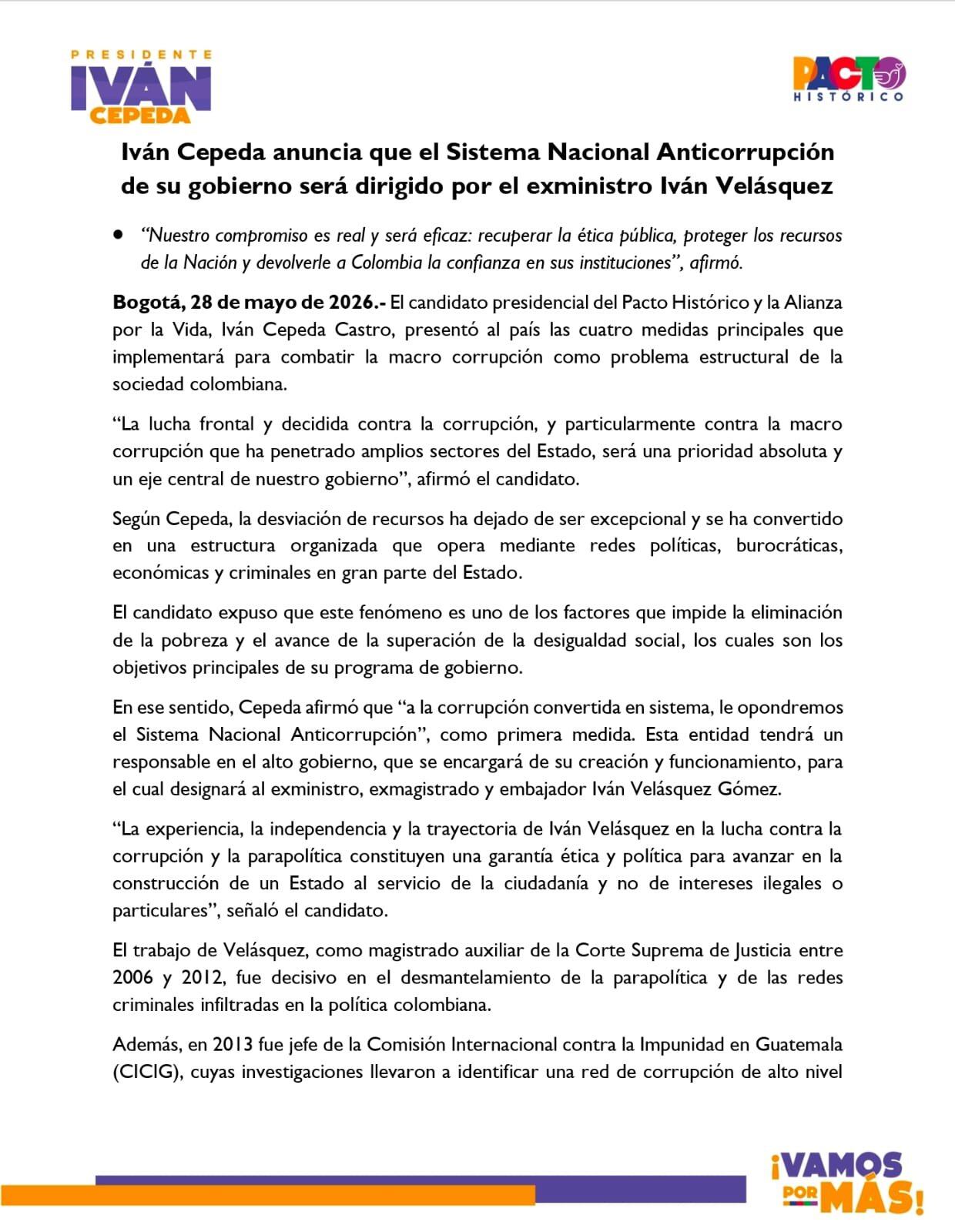 Iván Cepeda planteó la creación del Sistema Nacional Anticorrupción como primera medida para enfrentar la corrupción “convertida en sistema”. - crédito @IvanCepedaCast/X