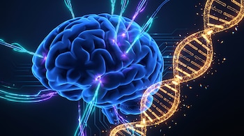 Un cerebro humano azul con electrodos luminosos insertados y una estructura de ADN dorada a la derecha sobre fondo oscuro.