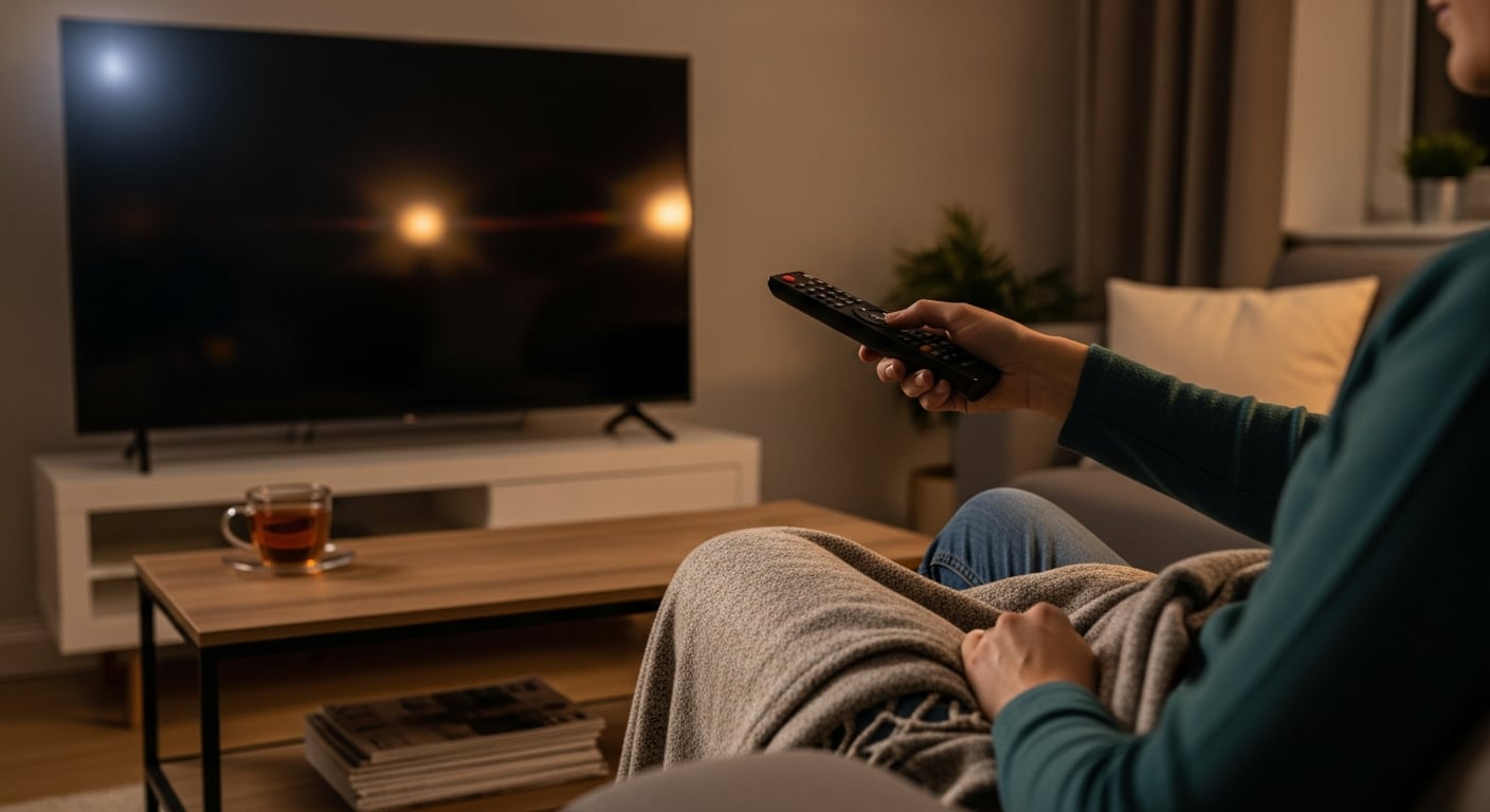 Una persona cómodamente sentada en un sofá, cubierta con una manta, utiliza un mando a distancia para encender la televisión en su sala de estar. (Imagen Ilustrativa Infobae)