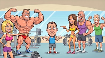 En un gimnasio, un hombre con ropa deportiva y expresión preocupada está rodeado por cuatro personas musculosas y en forma que lo miran y señalan.