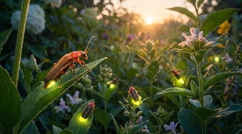 Un escarabajo marrón rojizo en una hoja verde. Varias luciérnagas con abdomen luminoso entre plantas y flores. Sol poniente de fondo.