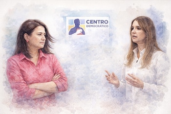 Ilustración acuarela de dos mujeres distanciadas; una con camisa rosa y brazos cruzados, otra con camisa blanca gesticulando. Detrás, el logo de Centro Democrático.