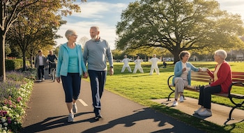 Un grupo de personas mayores en un parque: una pareja camina, otros andan en bicicleta, tres practican Tai Chi y dos conversan en un banco con un ajedrez.