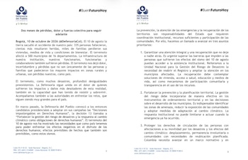 El organismo planteó que la recuperación exige participación comunitaria y transparencia en la asignación de los recursos públicos - crédito @DefensoriaCol/X