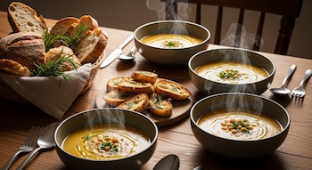 Cuatro platos hondos de sopa de garbanzos humeante con hierbas y aceite en una mesa de madera, junto a una panera con pan artesanal y tostadas.