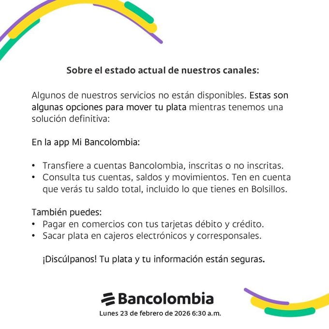 Bancolombia sigue trabajando para restablecer el servicio en su app virtual - crédito Bancolombia
