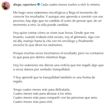 Guauque confesó que cada control médico todavía le genera temor e incertidumbre - crédito @diego_reportero/ Instagram