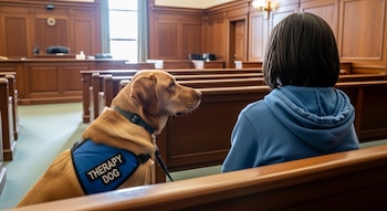 Un perro labrador marrón claro con chaleco azul que dice "THERAPY DOG" y un niño con sudadera azul sentados en un banco de madera en un juzgado.