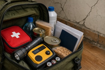 Mochila verde abierta con un botiquín rojo, una linterna negra, un radio amarillo, latas de comida y botellas junto a una pared agrietada.