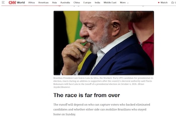 Captura de pantalla de un sitio web con una fotografía del presidente Luiz Inácio Lula da Silva y un texto en inglés