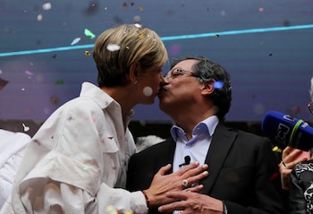 Gustavo Petro, presidential candidate for the Colombia Humana party, kisses his wife Veronica Alcocer after registering his candidacy at the National Registry of Civil Status in Bogota, Colombia, January 20, 2022. REUTERS/Luisa Gonzalez