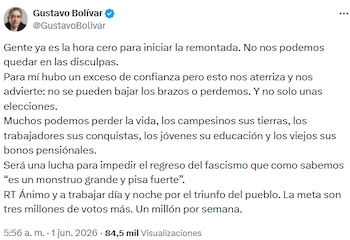 Gustavo Bolívar llamó a la movilización total y advirtió sobre riesgos sociales en la recta final electoral - crédito @GustavoBolivar/X
