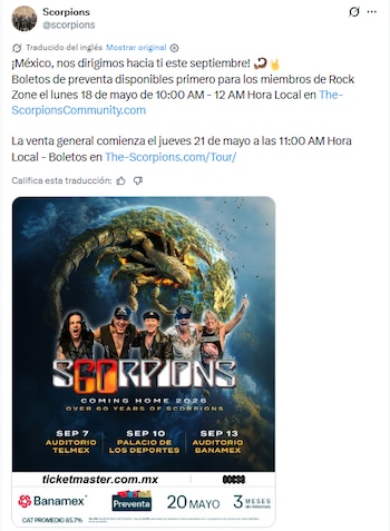 La gira especial de Scorpions por México en 2026 celebrará seis décadas de hard rock con conciertos en tres grandes ciudades. (X/ @scorpions)