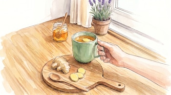 Ilustración en acuarela de una mano sosteniendo una taza de té de jengibre en una mesa de madera, con jengibre fresco, miel y una planta de lavanda.