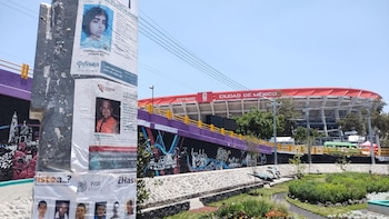 Colectivos de personas desaparecidas pegaron fichas de búsqueda en los alrededores del Estadio Ciudad de México previo al Mundial 2026 (Luz Coello/ Infobae México)