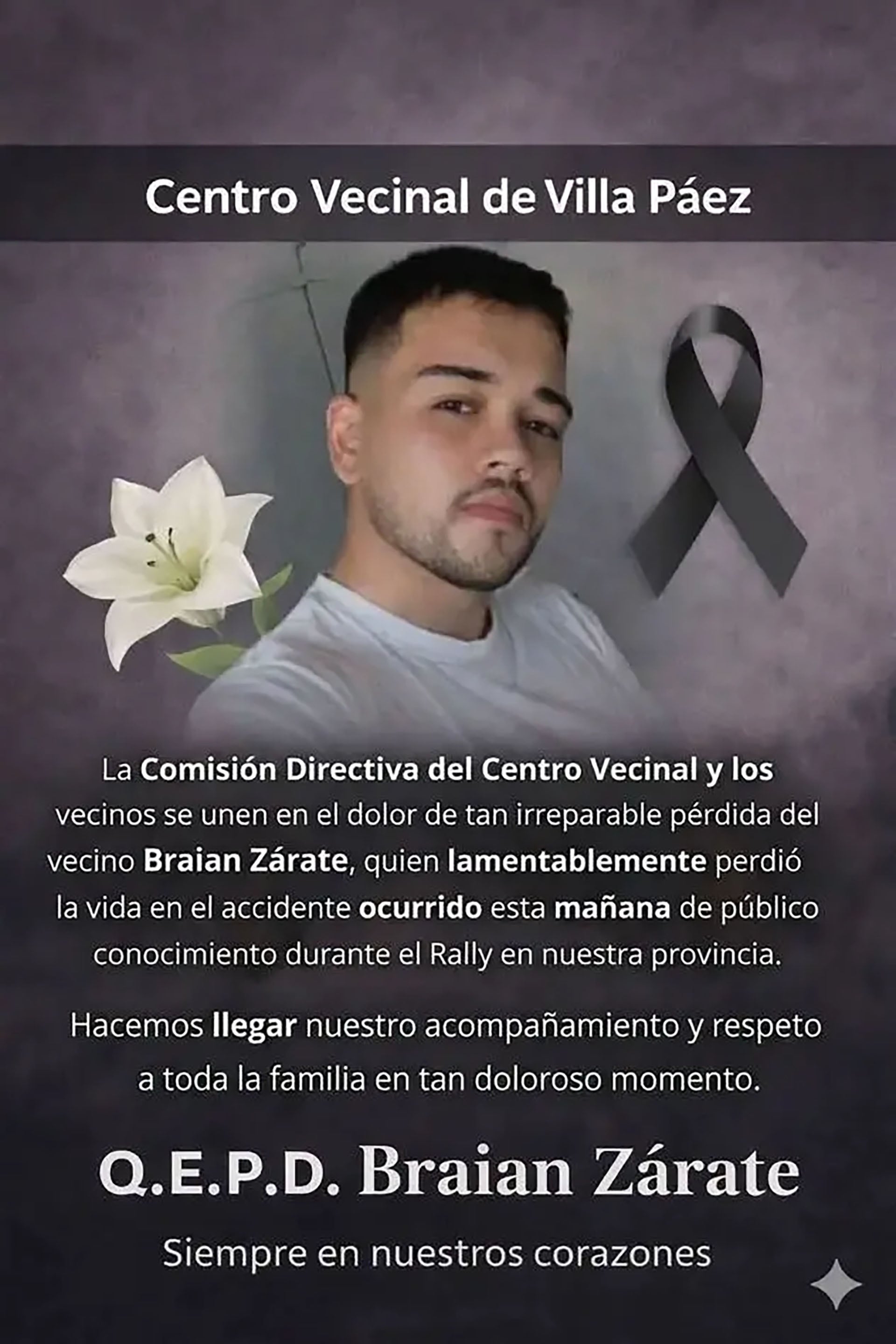 El Centro Vecinal de Villa Páez lamenta profundamente la pérdida de Braian Zárate, espectador que falleció en un accidente durante el Rally en Córdoba