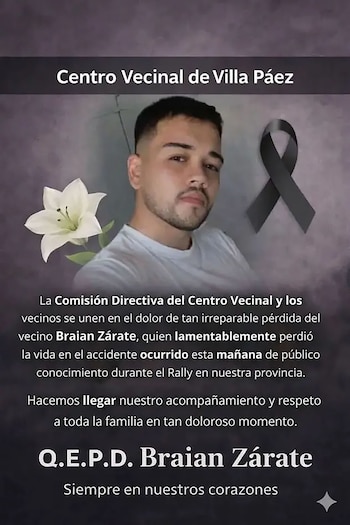 Póster conmemorativo de Braian Zárate. Muestra una foto de un hombre joven, una flor de lirio blanco, un lazo negro de luto y texto en español