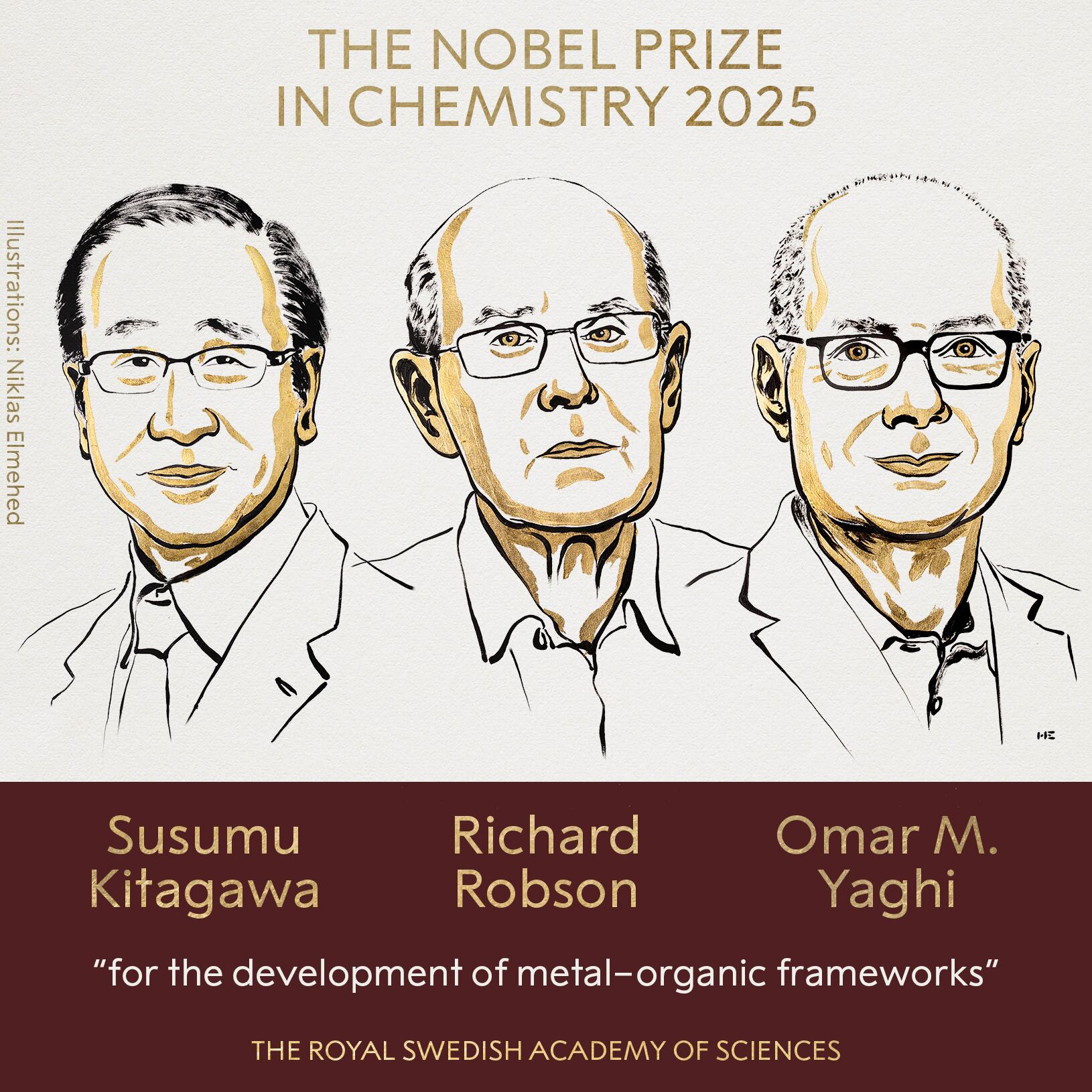 El premio Nobel de Química 2025 fue otorgado a Susumu Kitagawa, Richard Robson y Omar M. Yaghi “por el desarrollo de estructuras metalorgánicas”