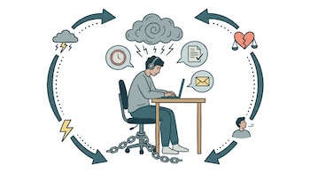 Ilustración de una persona con auriculares en un escritorio con un portátil, cadenas en la silla, una nube de ansiedad y símbolos de tareas, rodeada de flechas cíclicas.