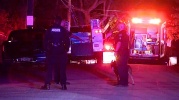 Tres agentes de policía y un perro rastreador permanecen en una calle de noche junto a una ambulancia con las puertas abiertas