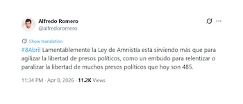 Captura de pantalla de un tuit de Alfredo Romero donde critica la Ley de Amnistía y menciona que hay 485 presos políticos