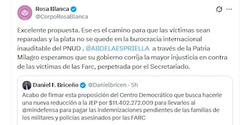 La organización Rosa Blanca respaldó la propuesta de trasladar recursos de la JEP al Ministerio de Defensa para atender indemnizaciones pendientes a familiares de integrantes de la fuerza pública - crédito @CorpoRosaBlanca/X