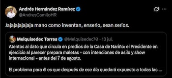 El jefe de comunicaciones de la Casa de Nariño Andrés Hernández desmintió en X el rumor sobre un asilo de Gustavo Petro difundido en redes sociales y en mensajes atribuidos a la Casa de Nariño - crédito @AndresCamiloHR/X