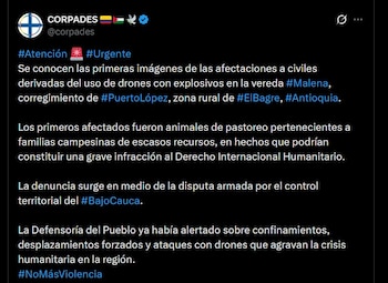 Corpades difundió imágenes del ataque con drones explosivos en Puerto López, donde quedaron caballos y vacas muertos en zona rural de El Bagre, Antioquia - crédito @corpades / X
