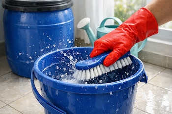 Una mano enguantada de rojo frota un cepillo de cerdas en un balde azul lleno de agua que salpica; un barril azul y una regadera verde están cerca, sobre un suelo de cerámica.