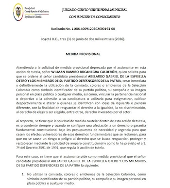 La medida provisional aceptó una tutela presentada por Wilman Ramiro Bocanegra Calderón y exige cesar de inmediato cualquier asociación de colores y emblemas deportivos con la aspiración presidencial del abogado - crédito Juzgado 120