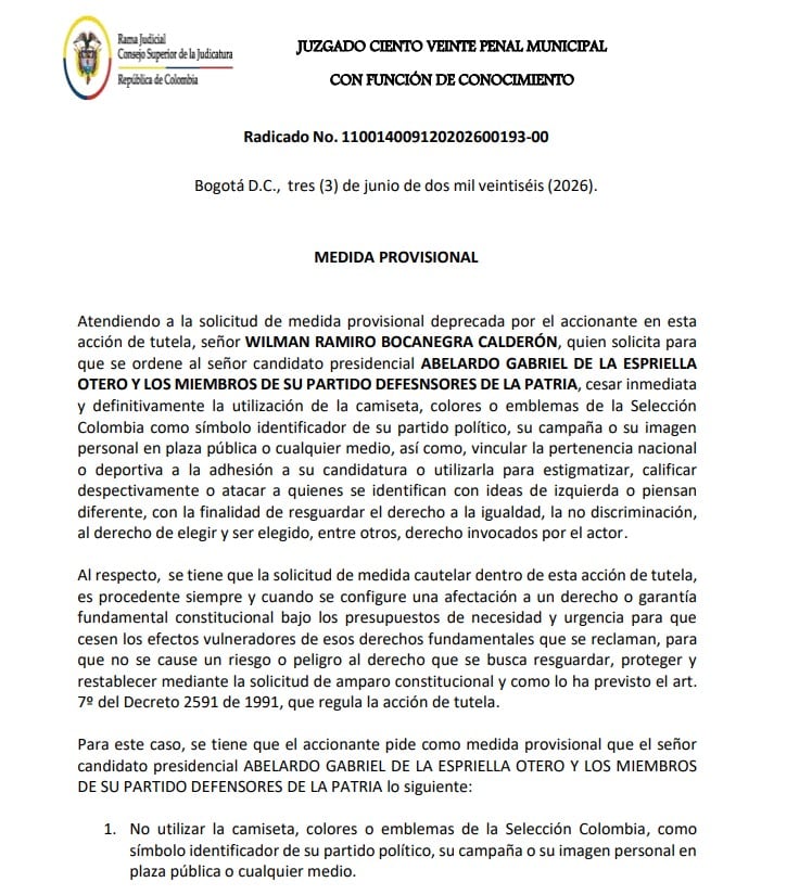 La medida provisional aceptó una tutela presentada por Wilman Ramiro Bocanegra Calderón y exige cesar de inmediato cualquier asociación de colores y emblemas deportivos con la aspiración presidencial del abogado - crédito Juzgado 120