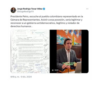 Con ese mensaje en sus redes sociales, el representante a la Cámara Jorge Rodrigo Tovar respondió al mensaje del presidente Gustavo Petro - crédito @JorgeRodrigoTV/X