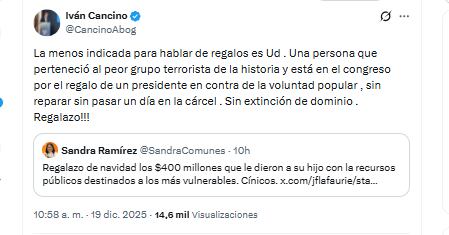 El abogado Iván Cancino criticó a Sandra Ramírez por su pasado guerrillero y por hacer comentario sobre Juan José Lafaurie - crédito @CancinoAbog/X
