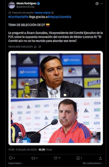 El periodista detalló que el tema de la continuidad de Néstor Lorenzo aún no se discute en el Comité Ejecutivo de la Federación Colombiana de Fútbol, descartando que se ratifique la continuidad del técnico argentino bajo el mando de la "Tricolor"-crédito @alexisnoticias/X