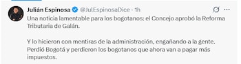 Con críticas a la administración de Carlos Fernando Galán, concejales cuestionaron la aprobación de la reforma tributaria, que prevé mayores impuestos para los bogotanos - crédito Julián Espinosa/X