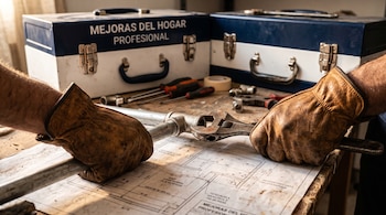 Manos con guantes ajustan una tubería sobre un plano de construcción junto a herramientas y cajas metálicas.