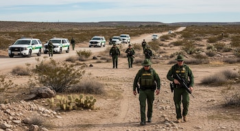Ocho agentes de seguridad fronteriza con uniformes verdes caminan por un camino de tierra en un desierto donde hay cinco camionetas blancas estacionadas.