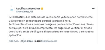 Aerolíneas Argentinas resolvió la falla
