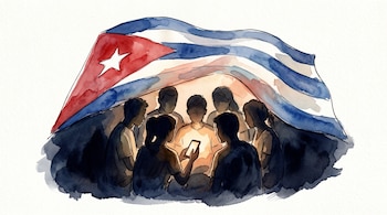 Ilustración en acuarela con siluetas de personas observando un teléfono móvil iluminado bajo la bandera de Cuba.