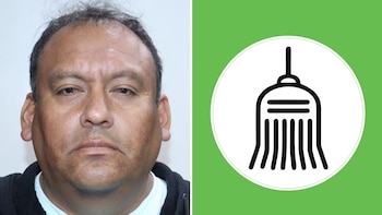 Retrato de un hombre a la izquierda y el icono de una escoba dentro de un círculo blanco sobre fondo verde a la derecha