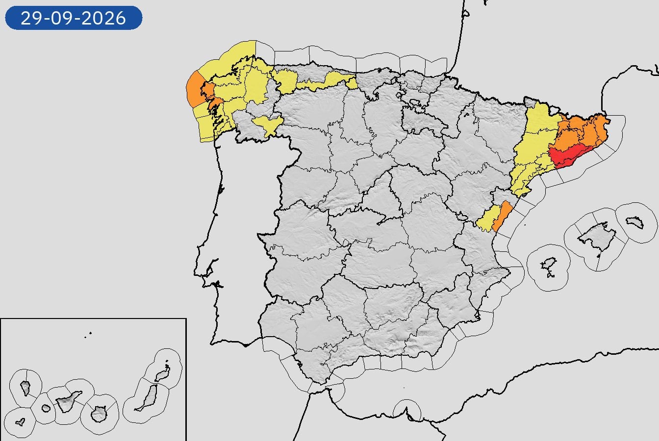 Mapa de alertas meteorológicas para este martes, 29 de septiembre de 2026. (Aemet)
