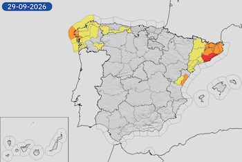 Mapa de alertas meteorológicas para este martes, 29 de septiembre de 2026. (Aemet)