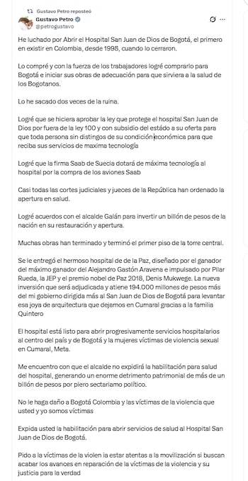 El presidente Gustavo Petro aseguró que el hospital San Juan de Dios está listo para abrir progresivamente servicios hospitalarios - crédito @petrogustavo/X