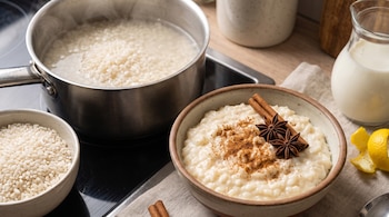 Olla con arroz hirviendo, tazón de arroz crudo, plato de arroz con leche, rama de canela, anís estrellado, jarra de leche y cáscaras de limón.