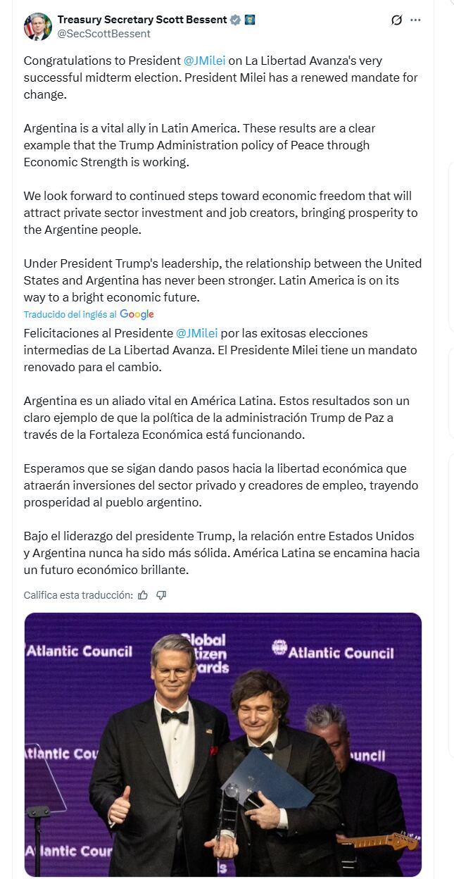 El mensaje de Bessent tras las elecciones