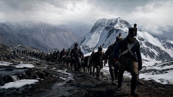 Columna de soldados con uniformes históricos y animales de carga marchando por un sendero rocoso y nevado entre montañas bajo cielo nublado