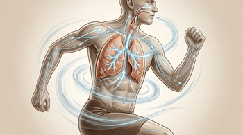 Ilustración de un hombre corriendo que muestra sus pulmones y las vías respiratorias resaltadas, con flujos de aire azul que se extienden por el cuerpo.