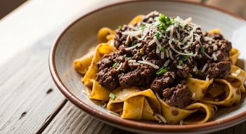 Un plato de pappardelle anchas y frescas cubiertas con un ragú oscuro de jabalí, queso Parmigiano rallado y perejil, servido sobre una mesa de madera.
