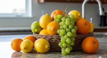 Cesta de mimbre con limones amarillos, naranjas y un racimo de uvas blancas en una encimera de cocina de mármol. Al fondo, una ventana y grifo.