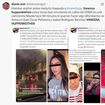 Los principales señalados en redes como responsables de la persecución contra la conductora son Uri Gael Oscar Peñaloza e Isabel Rodríguez Sánchez. Por el momento, sin validación oficial. (X/ @dianestrdgoz)